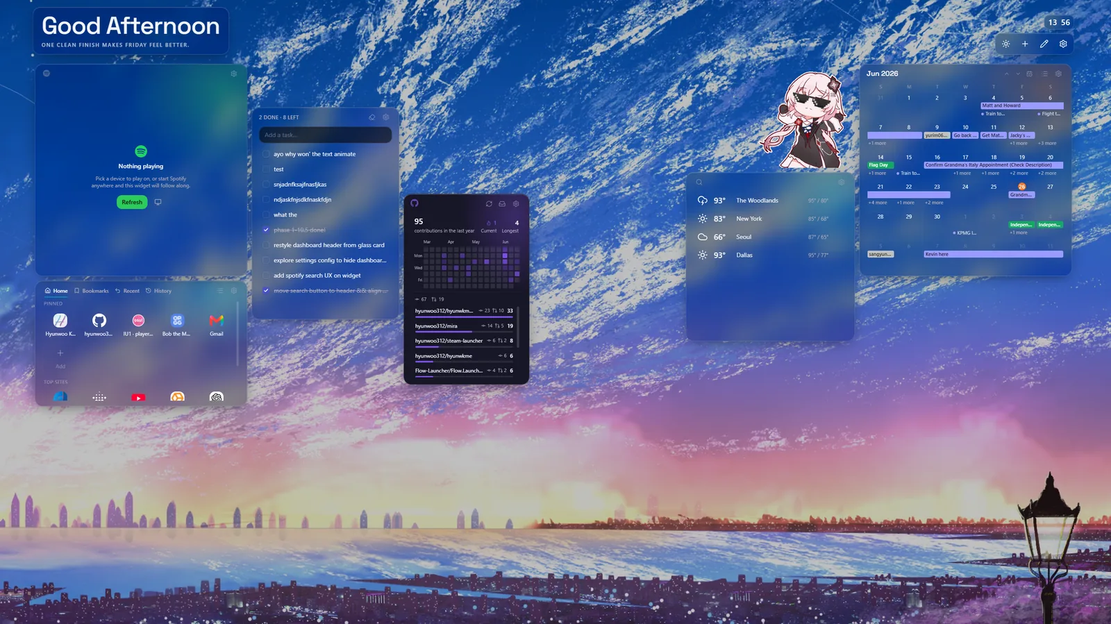 Lux new tab dashboard — customized with a wallpaper and rearranged layout
